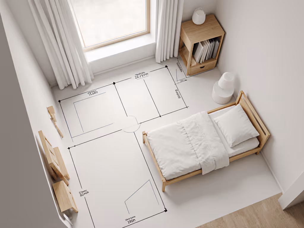 toddler bed in small room layout with measurements