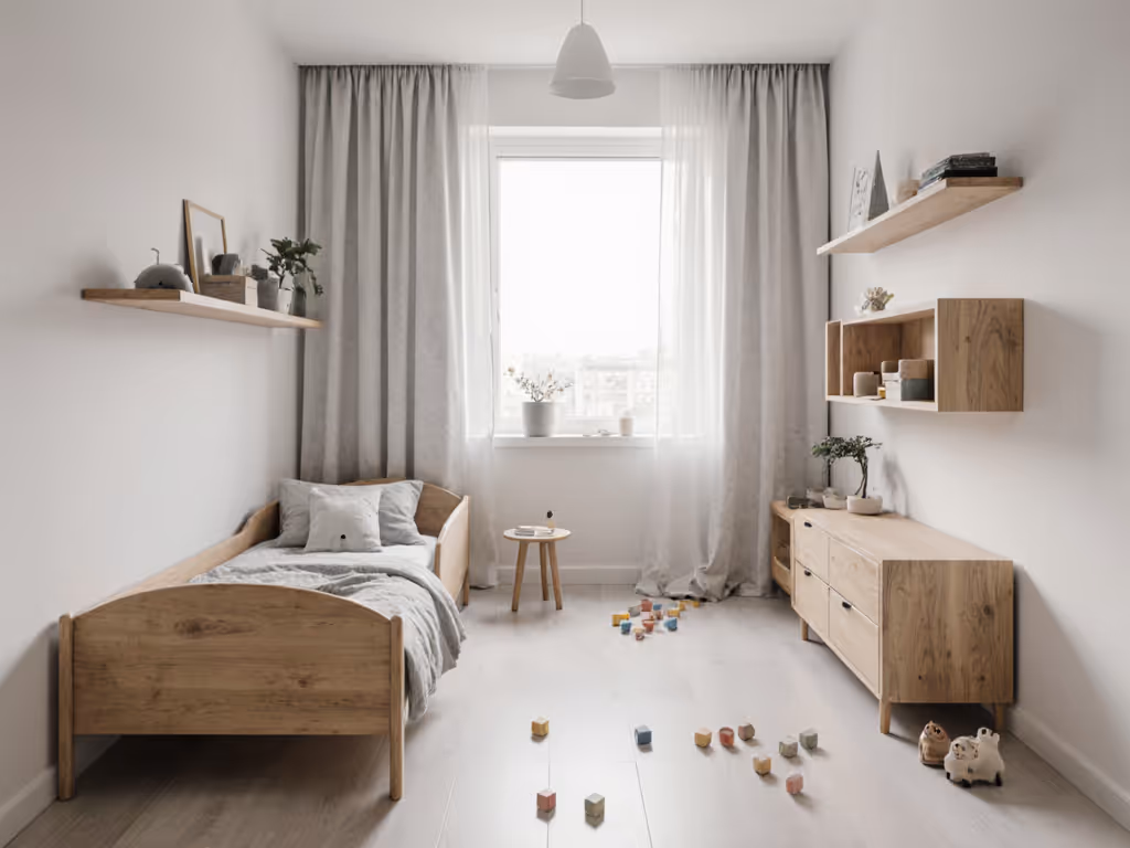 urban toddler bedroom with low-profile bed, clear floor paths, and wall-secured furniture