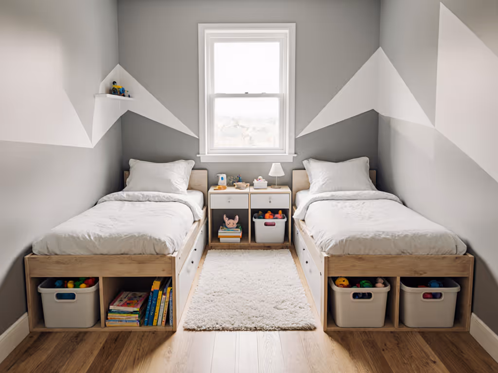 toddler bed with under-bed storage in shared room